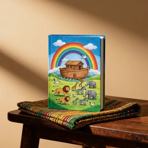 Bible illustrée pour enfants, couverture avec l'arche de Noé, les animaux et un arc-en-ciel, sur un tissu kente