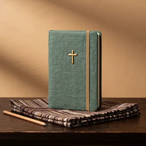 Carnet de prière à couverture de lin vert et croix dorée, avec un crayon, posé sur un tissu bogolan