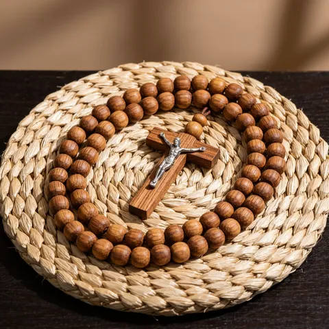 Chapelet en bois d'olivier avec crucifix, disposé en cercle sur un set de table en raphia tressé