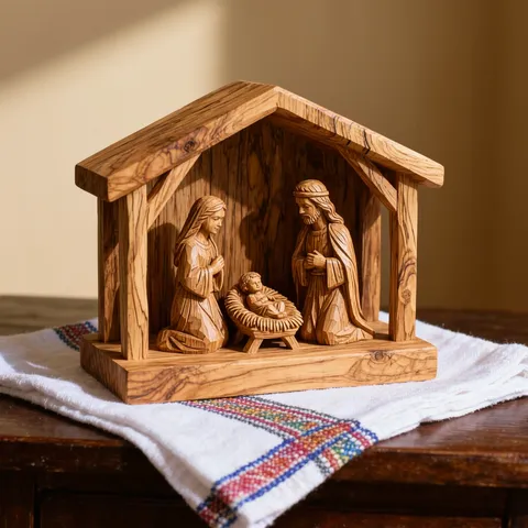 Crèche en bois d'olivier veiné avec la Sainte Famille, posée sur un tissu blanc éthiopien brodé