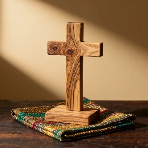 Petite croix en bois d'olivier veiné sur son socle, posée sur un tissu kente aux rayures or, vert et rouge