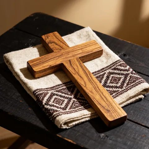 Croix en bois d'olivier aux veines claires et sombres, posée à plat sur un bogolan crème et brun