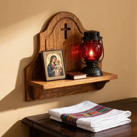 Étagère murale d'oratoire en chêne avec icône de la Vierge, lampe rouge et livre, au-dessus d'un tissu blanc