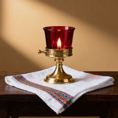 Lampe à huile pour icônes en verre rouge sur pied en laiton, flamme allumée, sur un tissu blanc à bordure tibeb