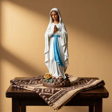 Statue de Notre-Dame de Lourdes en robe blanche et ceinture bleue, sur un tissu bogolan