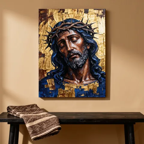 Toile moderne du Christ noir couronné d'épines, touches d'or et de bleu, accrochée au-dessus d'un tissu bogolan