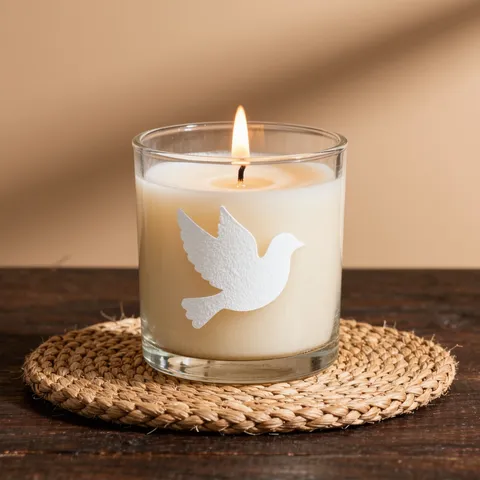Veilleuse allumée dans un verre épais orné d'une colombe blanche, posée sur un dessous en raphia tressé